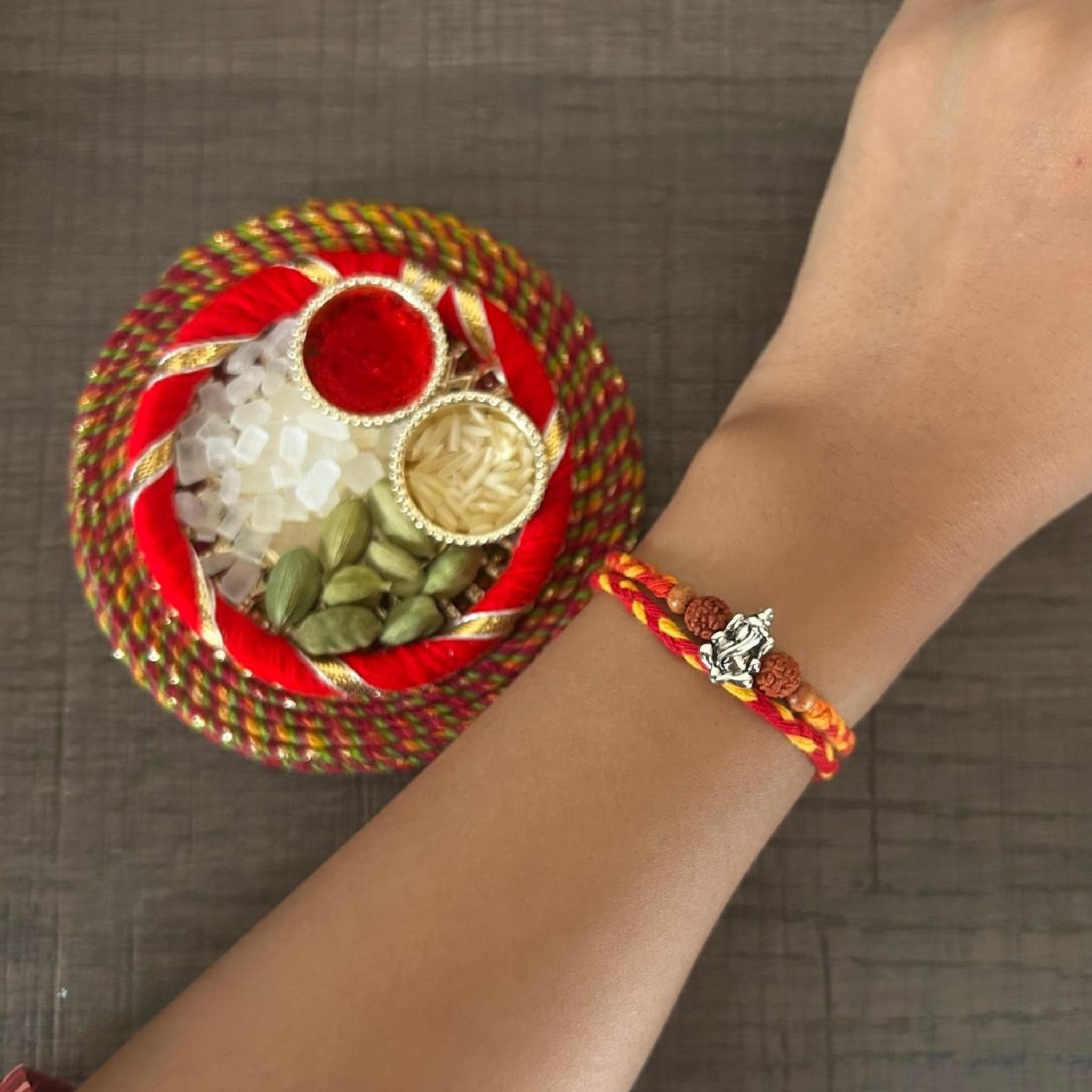 Ganesha Rudraksh Silver Rakhi for Brother with Roli Chawal and Greeting Card For Brother