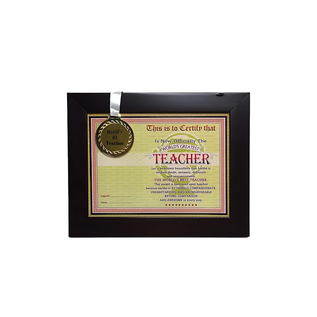 Best Teacher Gift Combo with Best Teacher in world Medal & Framed Certificate, Diary & Pen