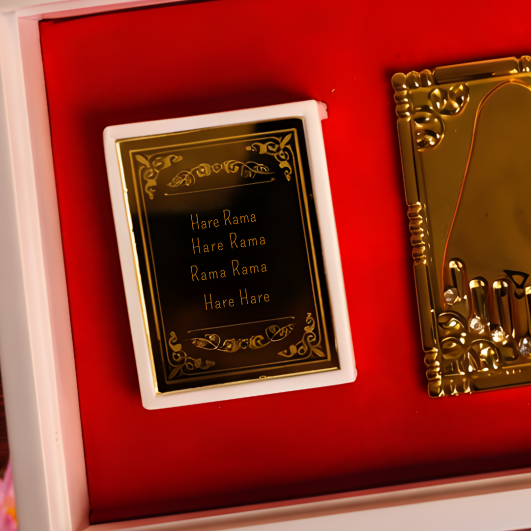 24 Karat Gold Coated Radha Krishna Idol in Charan Paduka Box with Chandan Fragrance