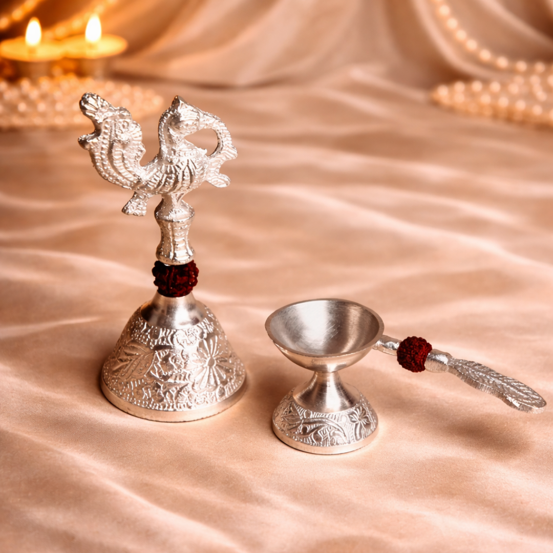 Luxury Wooden Sundarkand & Hanuman Chalisa Gift Hamper in Velvet Box with Silver Plated Diya and Bell