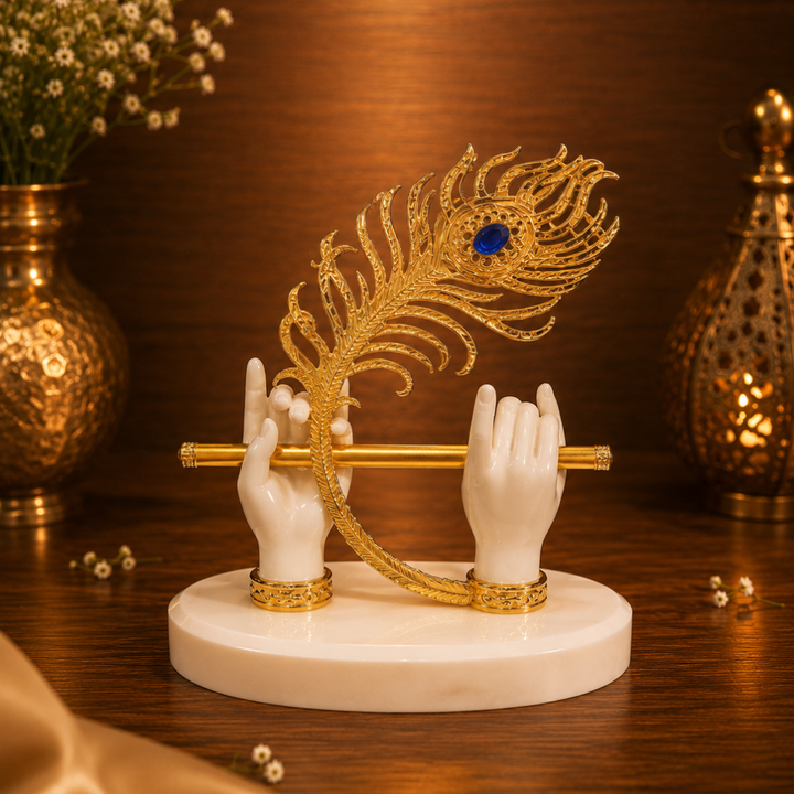 Krishna Murli Hands with Morpankh And stone base - Perfert For Car Dashboard, festival Gifitng , Diwali (Resin, White,Base- 4.5 inches, Height- 5 inches )