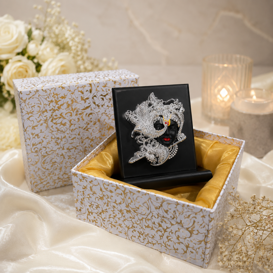 999 Silver Plated Krishna Idol Aesthetic Design with MDF Base in Gift Box ( 4 x 4 Inches)