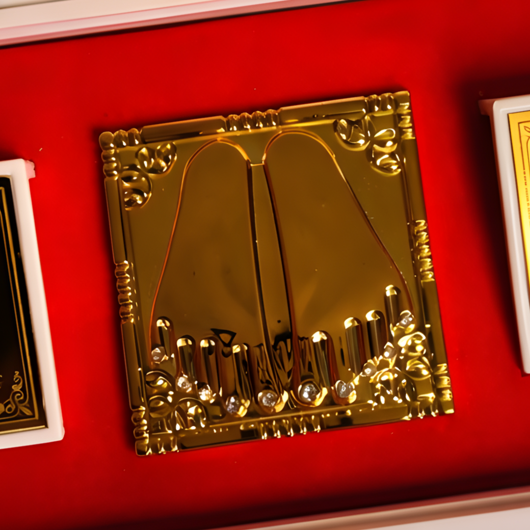 24 Karat Gold Coated Radha Krishna Idol in Charan Paduka Box with Chandan Fragrance