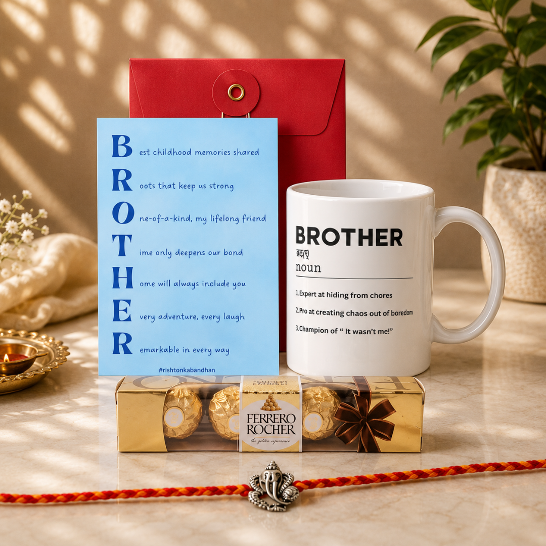 Raksha Bandan Gift Combo for Brother with Silver Rakhi Greeting Card Customize Coffee Mug with Name Rakshabandan Gifts for Brother