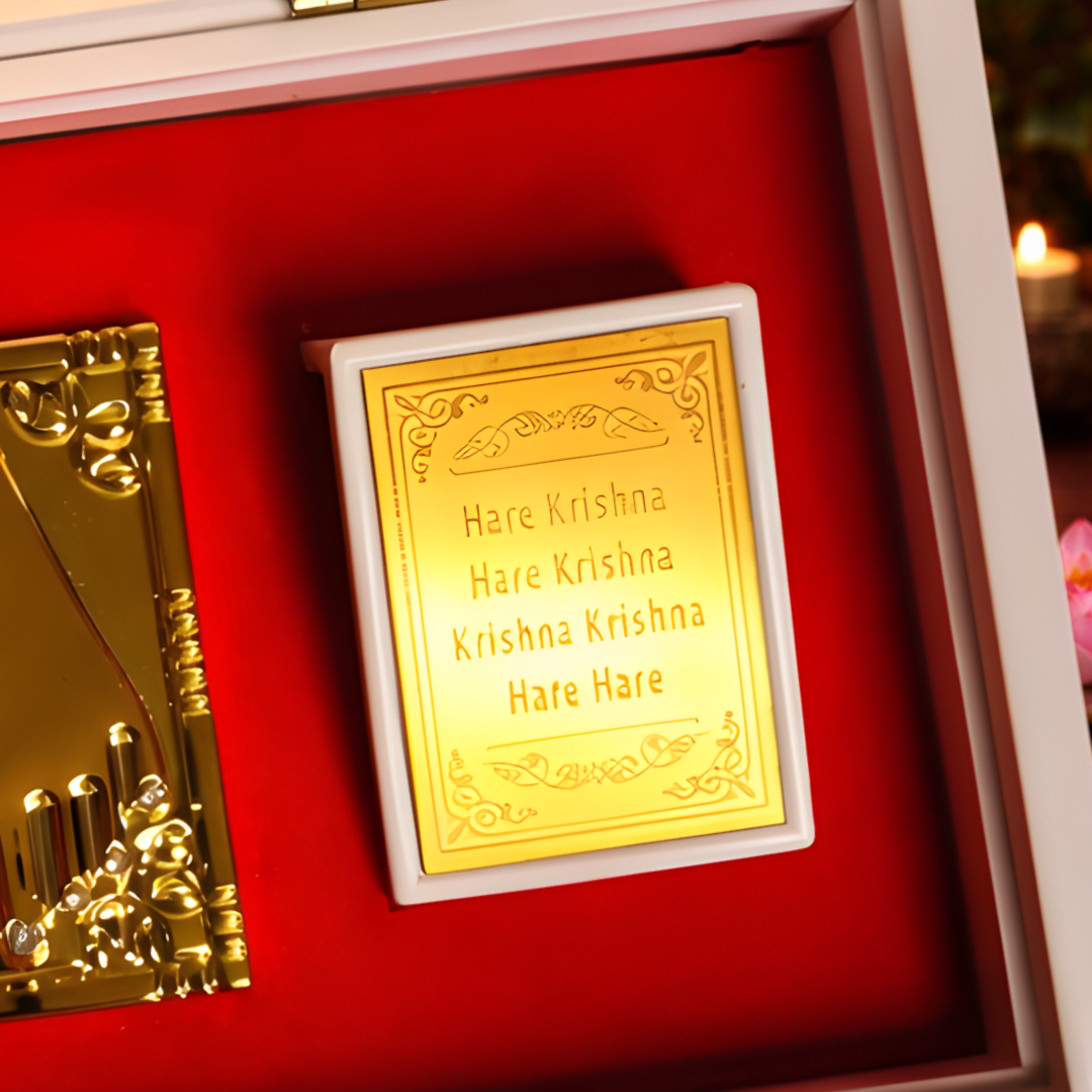 24 Karat Gold Coated Radha Krishna Idol in Charan Paduka Box with Chandan Fragrance