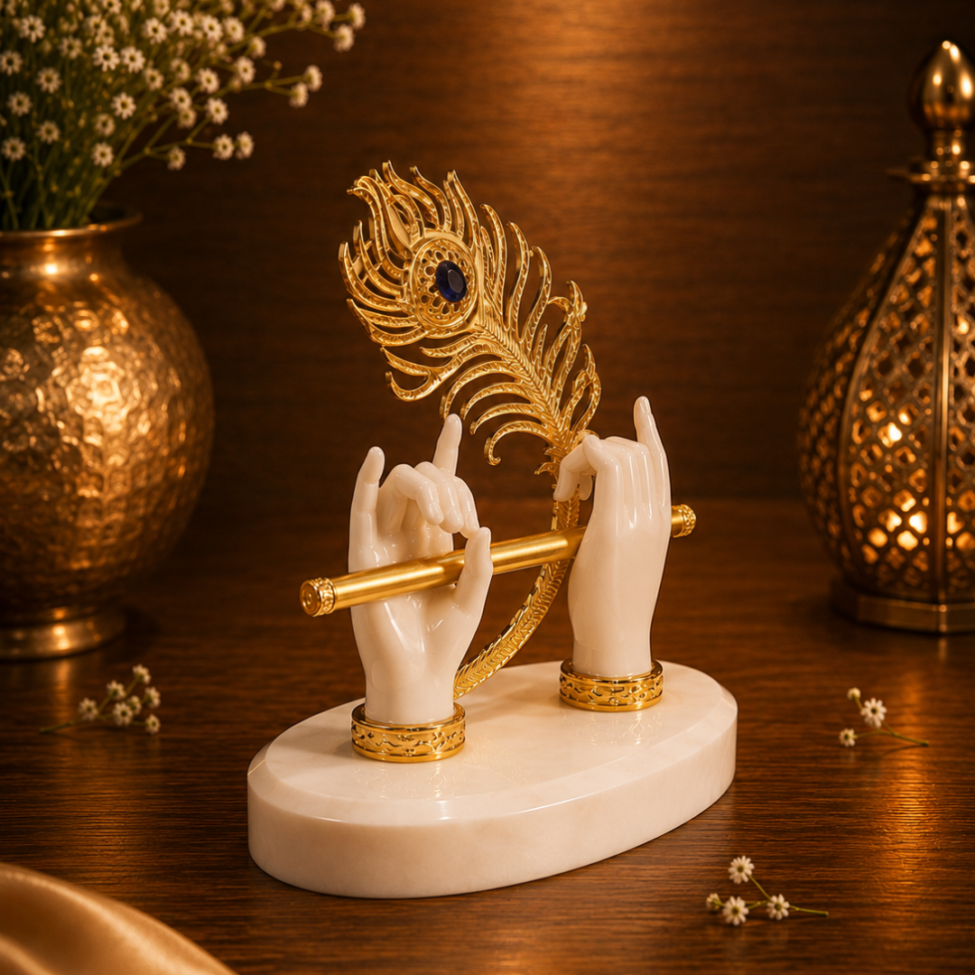 Krishna Murli Hands with Morpankh And stone base - Perfert For Car Dashboard, festival Gifitng , Diwali (Resin, White,Base- 4.5 inches, Height- 5 inches )