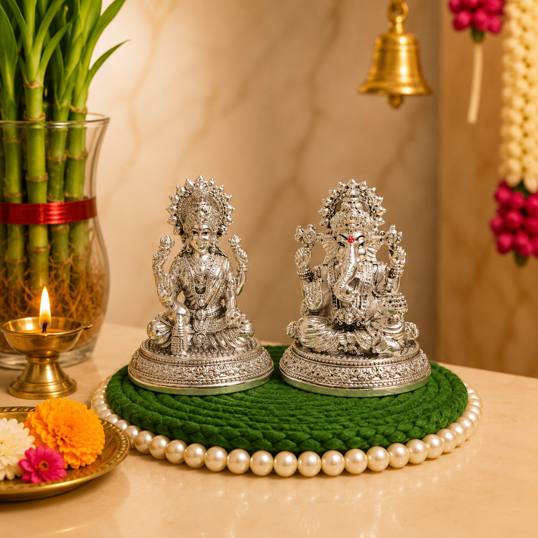 999 Silver Plated Lakshmi Ganesha Idol Set, 3 Inch  with Gift Box
