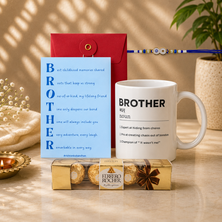 Rakshabandhan Gift Combo for Brother with Evil Eye Rakhi, Greeting Card, Customize Coffee Mug with Name