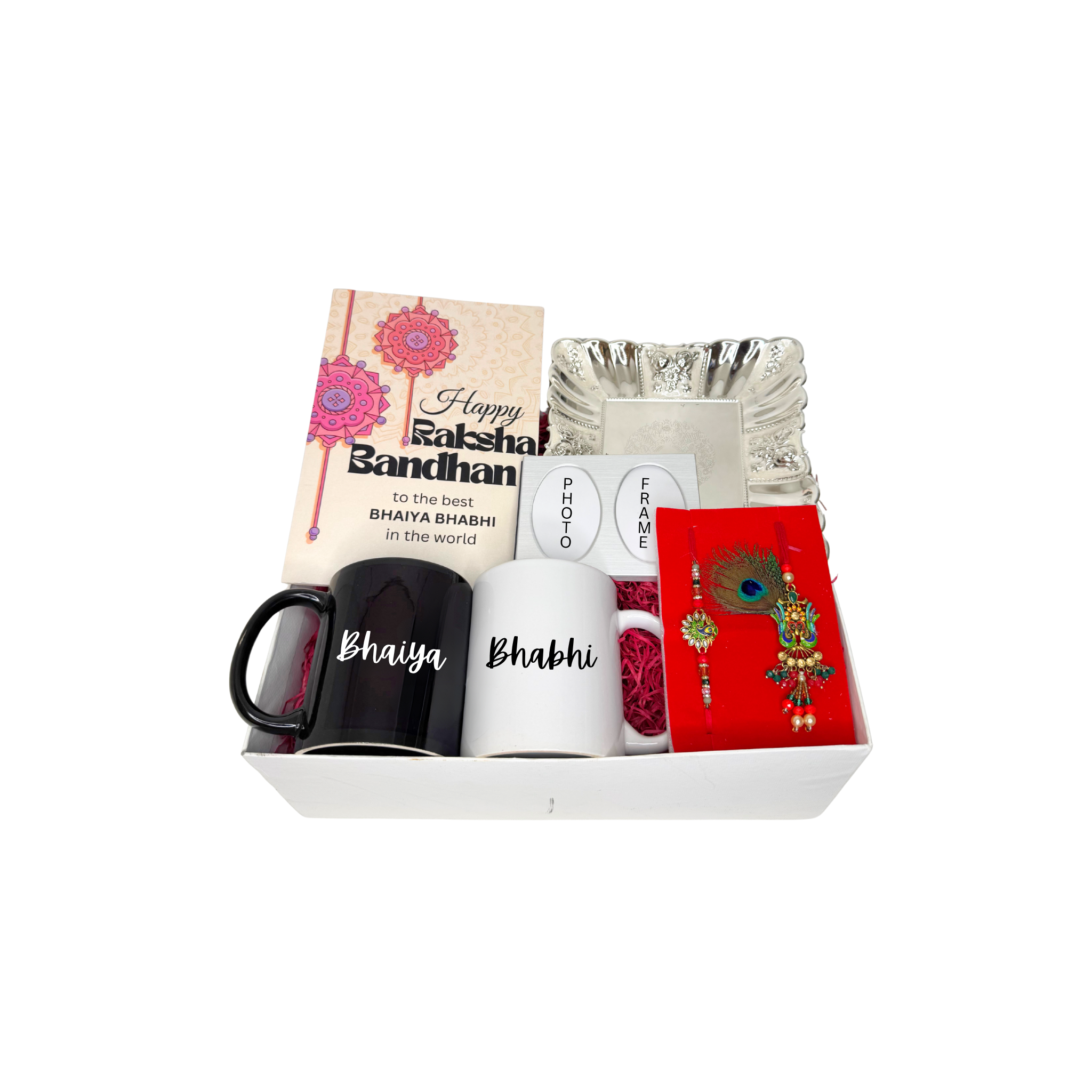 Bhaiya Bhabhi Gift Hamper Box with Greeting Card, Silver Tray , Bhaiya-Bhabhi Mug Set, Photo Frame, Rakhi & Lumba Set