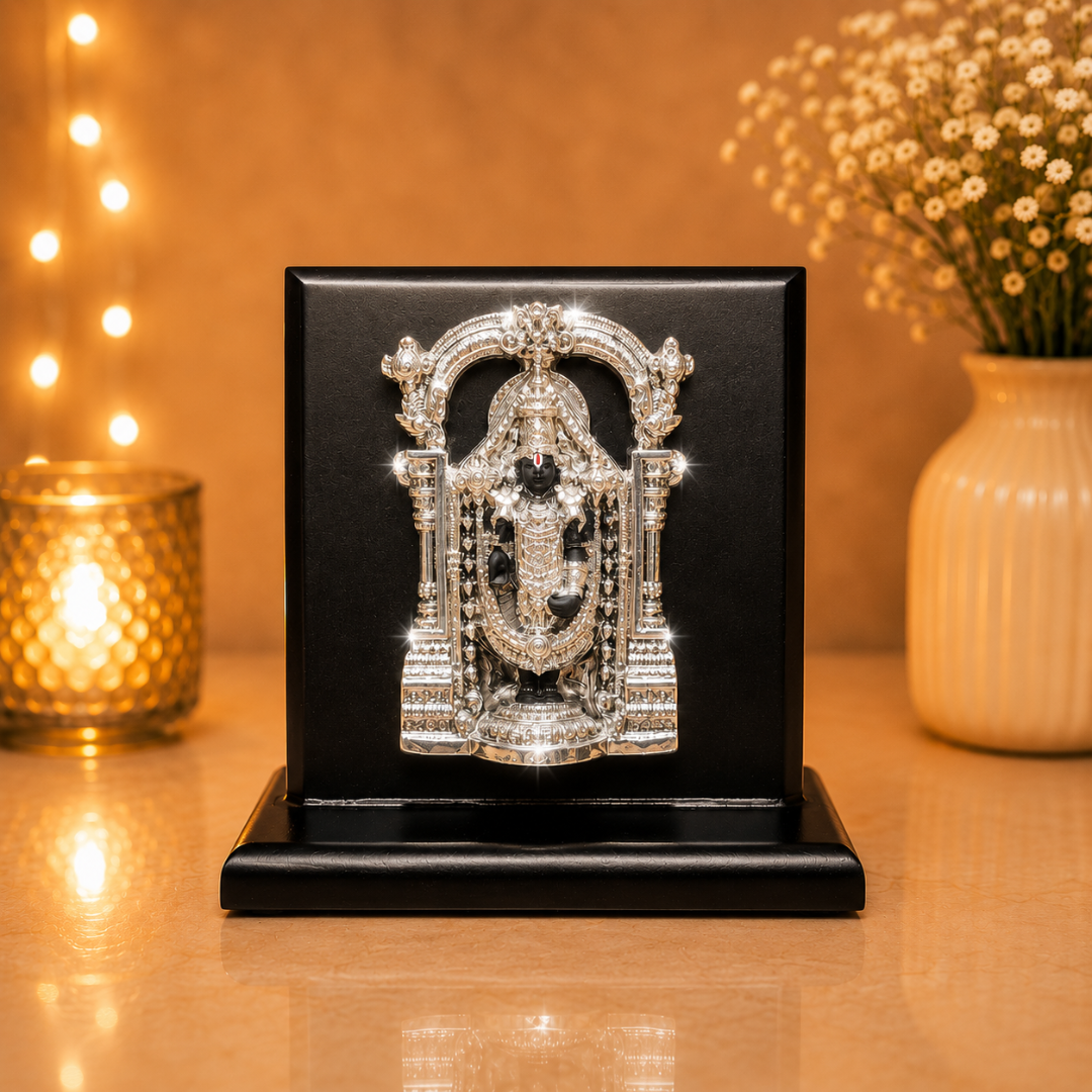 999 Silver Plated Tirupati Balaji Idol with MDF Base in Premium Gift Box ( 4 x 4 Inches)