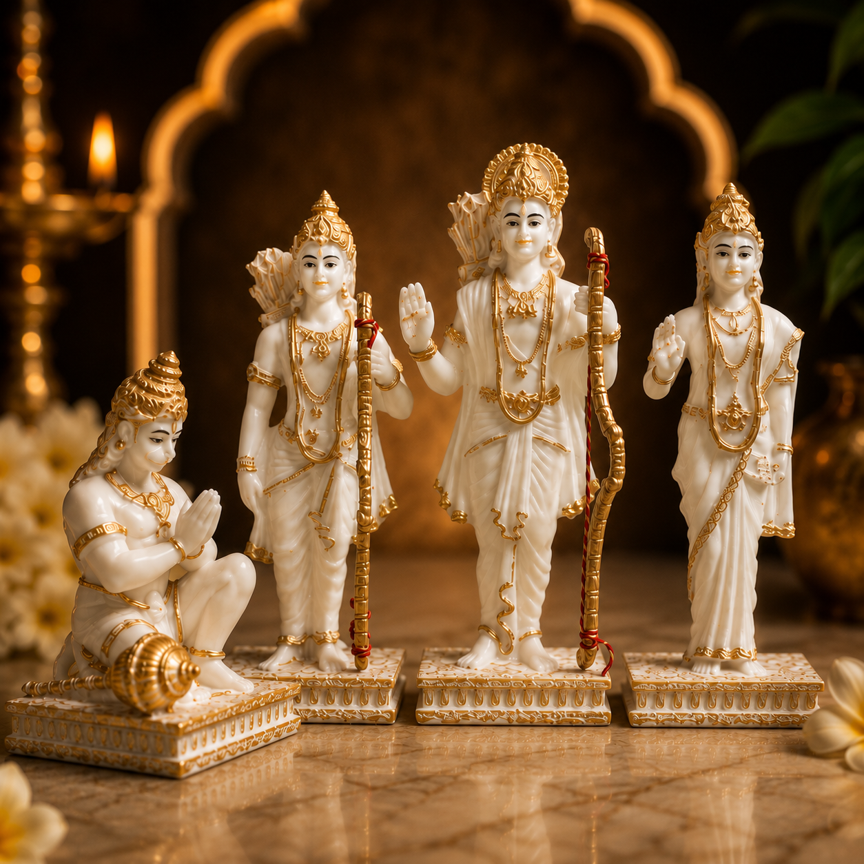 Ram Darbar Idol with Lord Ram, Sita, Laxman & Hanuman Murti Statue | 9 Inch Marble Finish Resin
