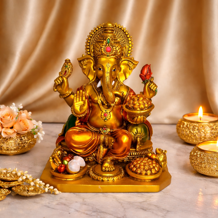 Big Brass Look Ganesha Idol for Home Décor & Mandir – 13 Inch Large Resin