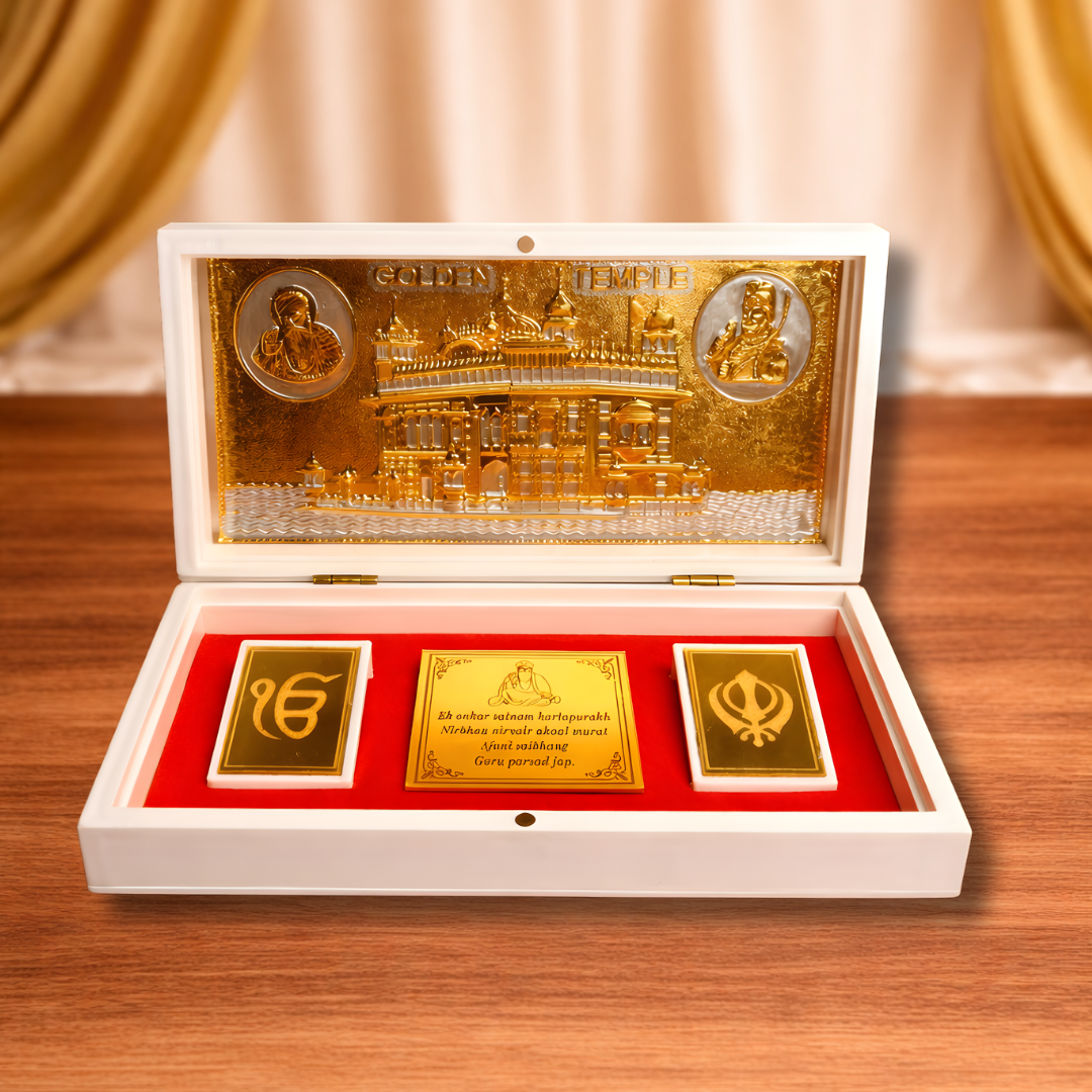 Gold Plated Ek Omkar Satnam Waheguru Golden Temple Figurine Spiritual Sikhism Gift with Chandan Fragrance, Khanda Sahib