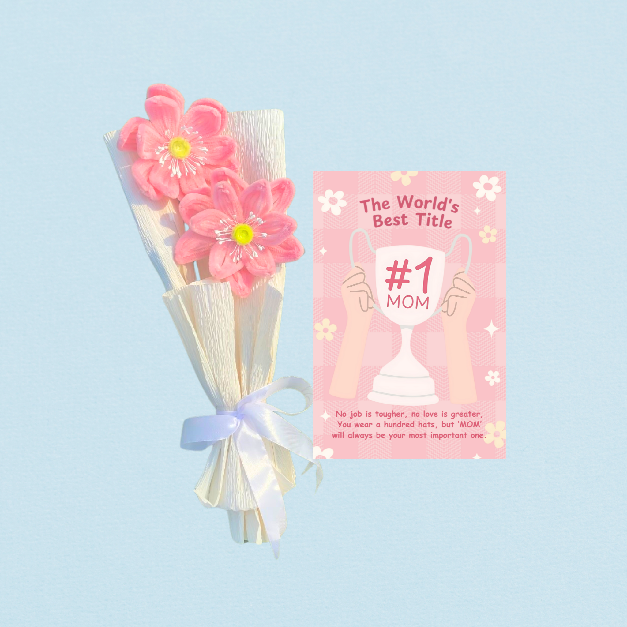 Mother's Day Gift Combo with Fuzzy Wire/Crochet Handmade Flowers and Greeting Card - Affordable Mother's Day Gifts