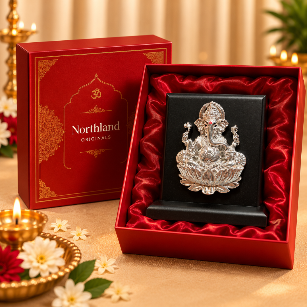 999 Silver Plated Ganesha Ji Idol with MDF Base in Gift Box (4 x 4 Inch)