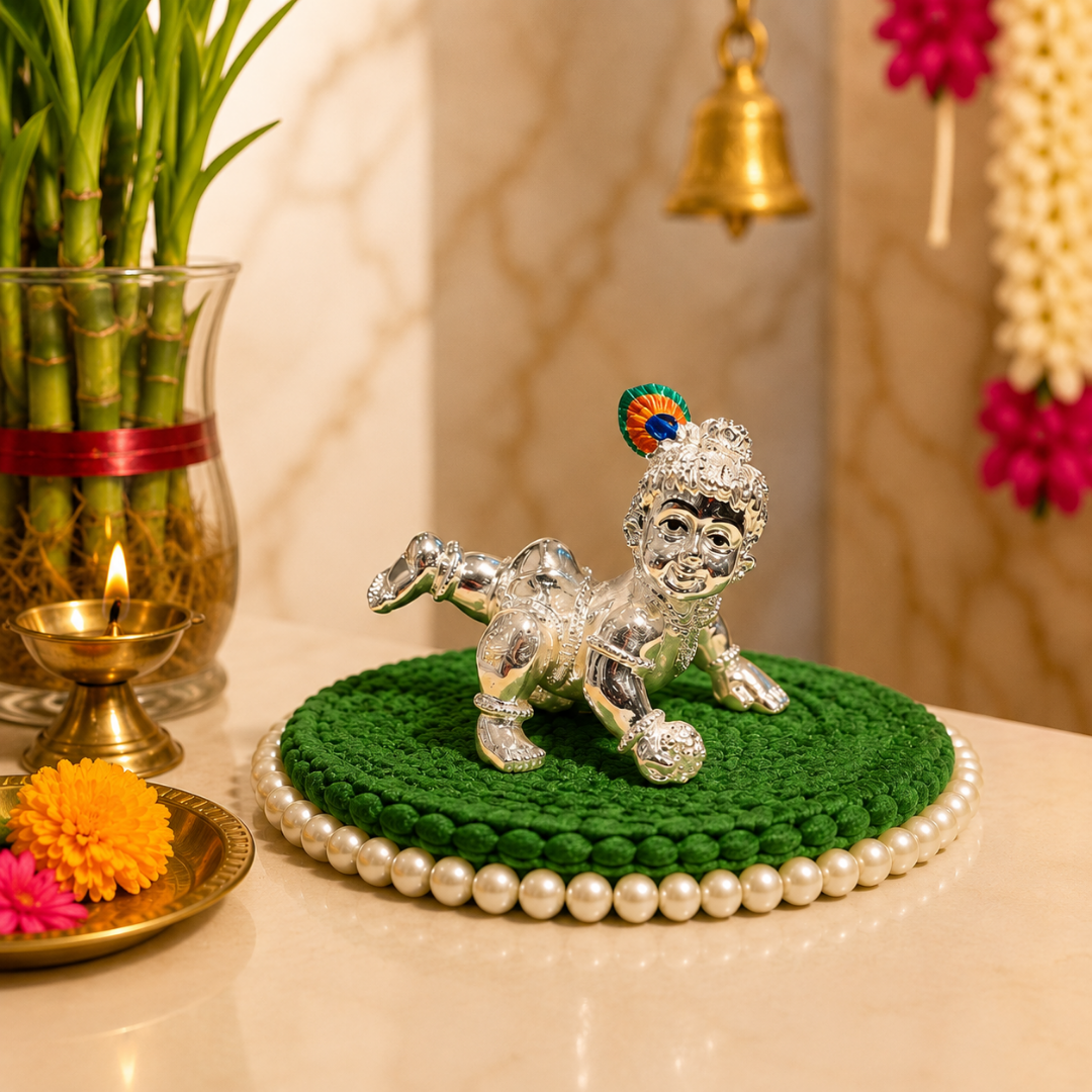 999 Silver Plated Laddoo Gopal Baby Krishna Idol with Premium Gift Box