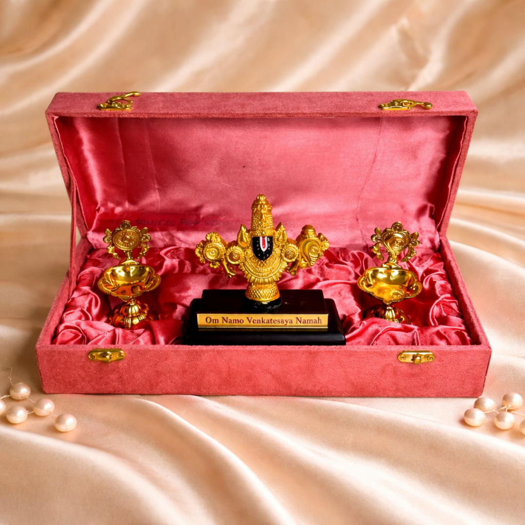Luxury Venkateshwara Balaji Gift Hamper in Velvet Box with Metal Diya Holder & Balaji Idol
