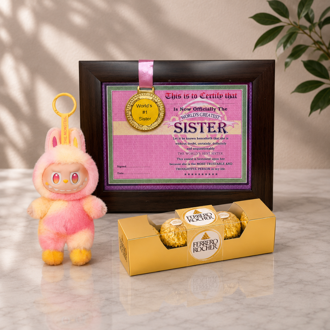 Monster Doll Rakhi Gift Combo with Best Sister Medal Frame, Monster Doll & Chocolate -  Perfect Rakshabandhan Gift for Sister/Bhabhi/Behan