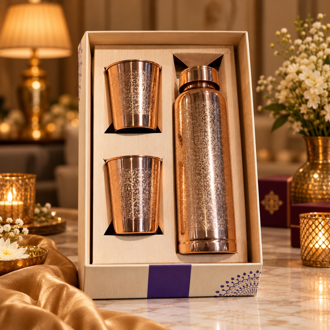 Traditional Floral Engraved Artwork Pure Copper Water Bottle with 2 Glasses
