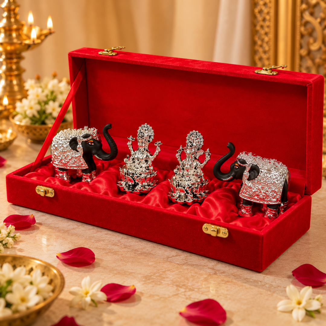 999 Silver Plated Lakshmi Ganesha Hamper with Elephant Idols (3 Inches) in Premium Velvet Gift Box
