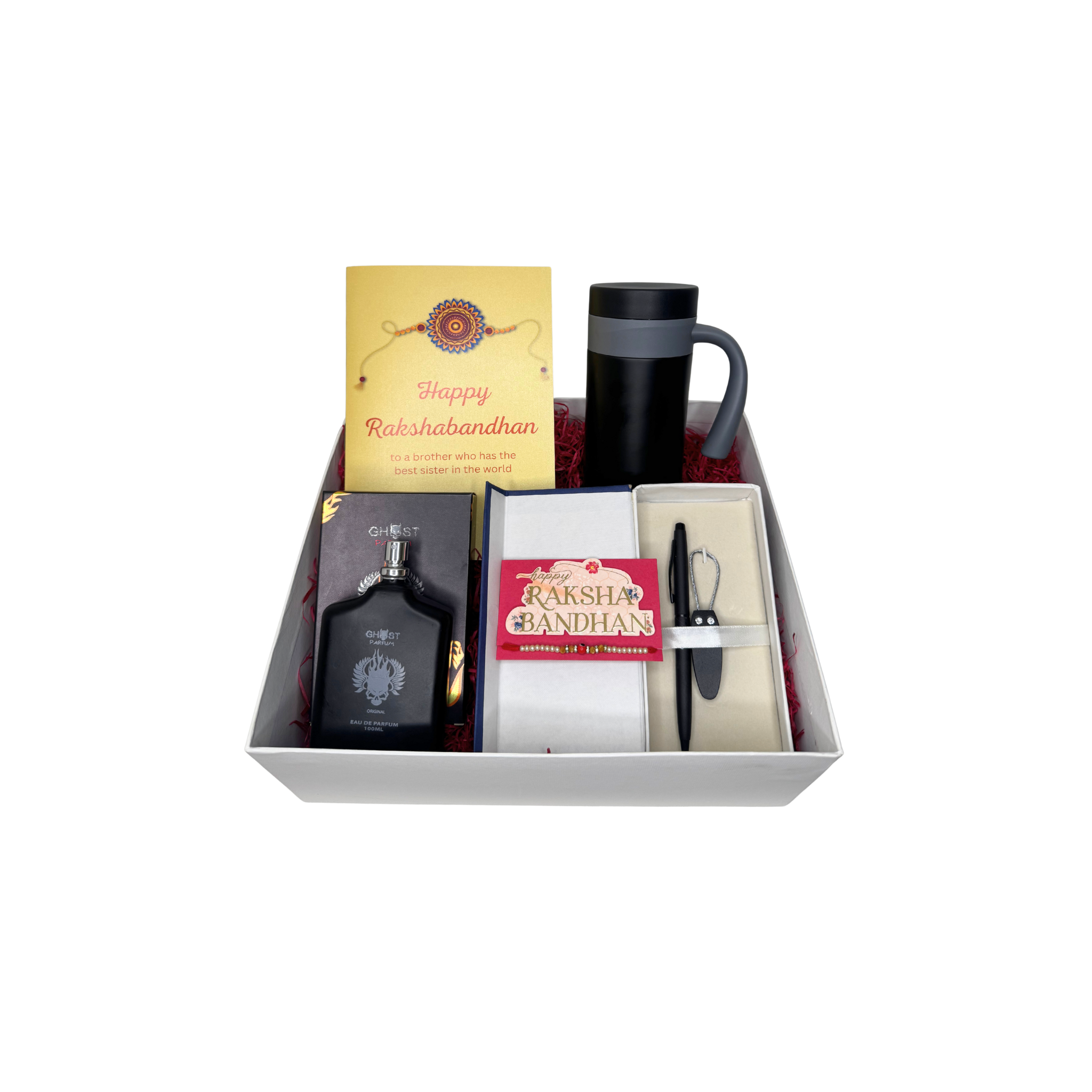 Best Rakshabandhan Hamper Gift Box with Greeting Card, Coffee Mug, Perfume, Pen & Keychain Set, Evil Eye Rakhi