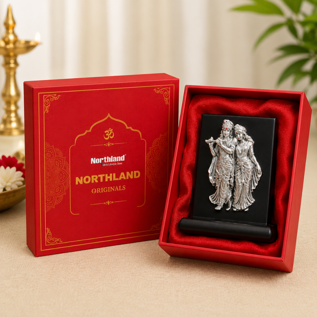 999 Silver Plated Radha Krishna Ji Idol with MDF Base in Premium Gift Box (10 cm)