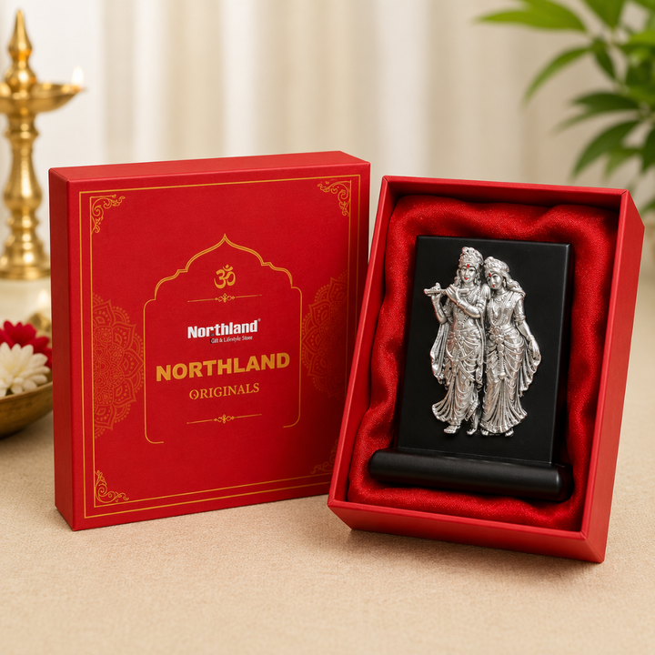 999 Silver Plated Radha Krishna Ji Idol with MDF Base in Premium Gift Box (10 cm)