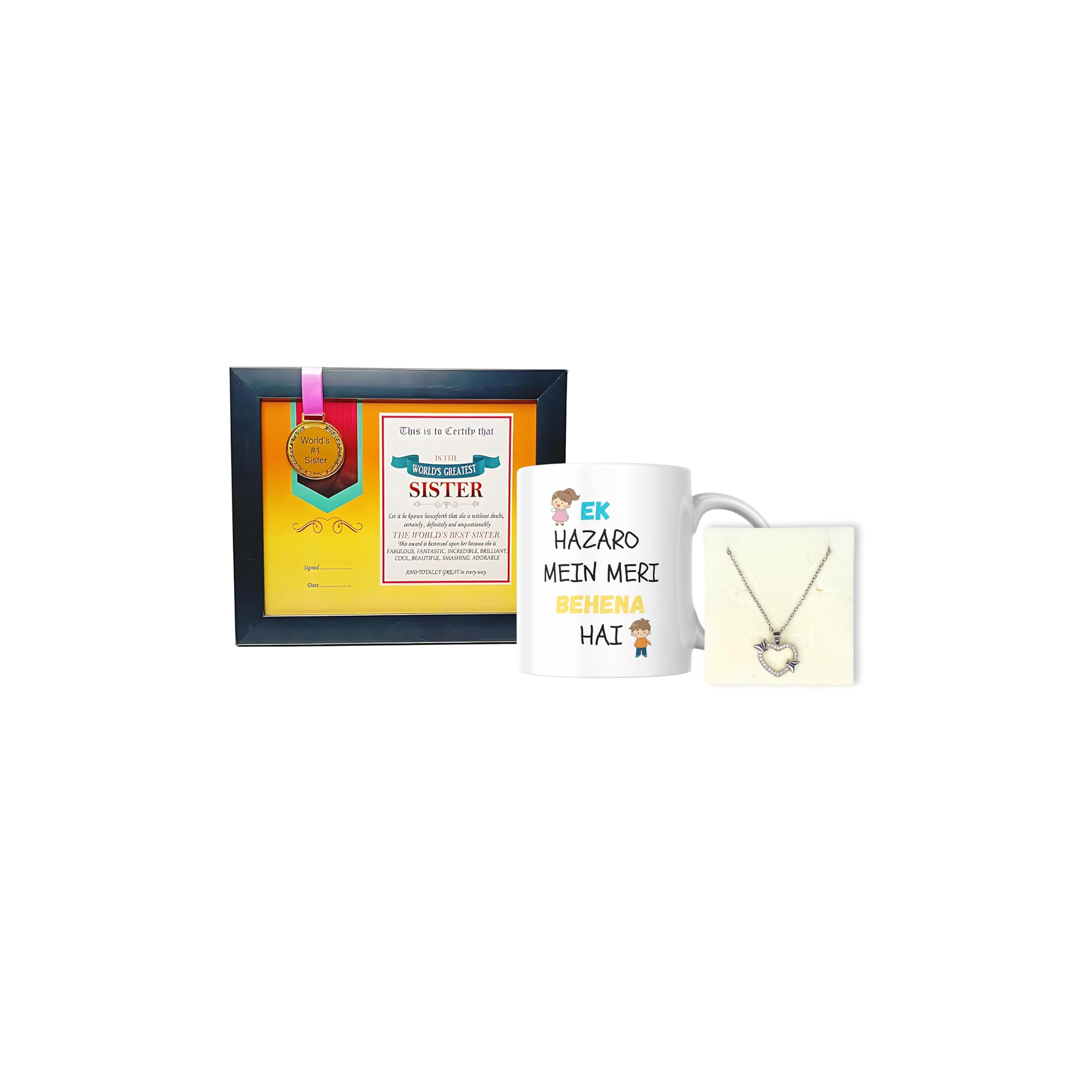Best Sister in The World Framed Certificate with Coffee Mug & Pendant Rakhi Gift Combo for Sister