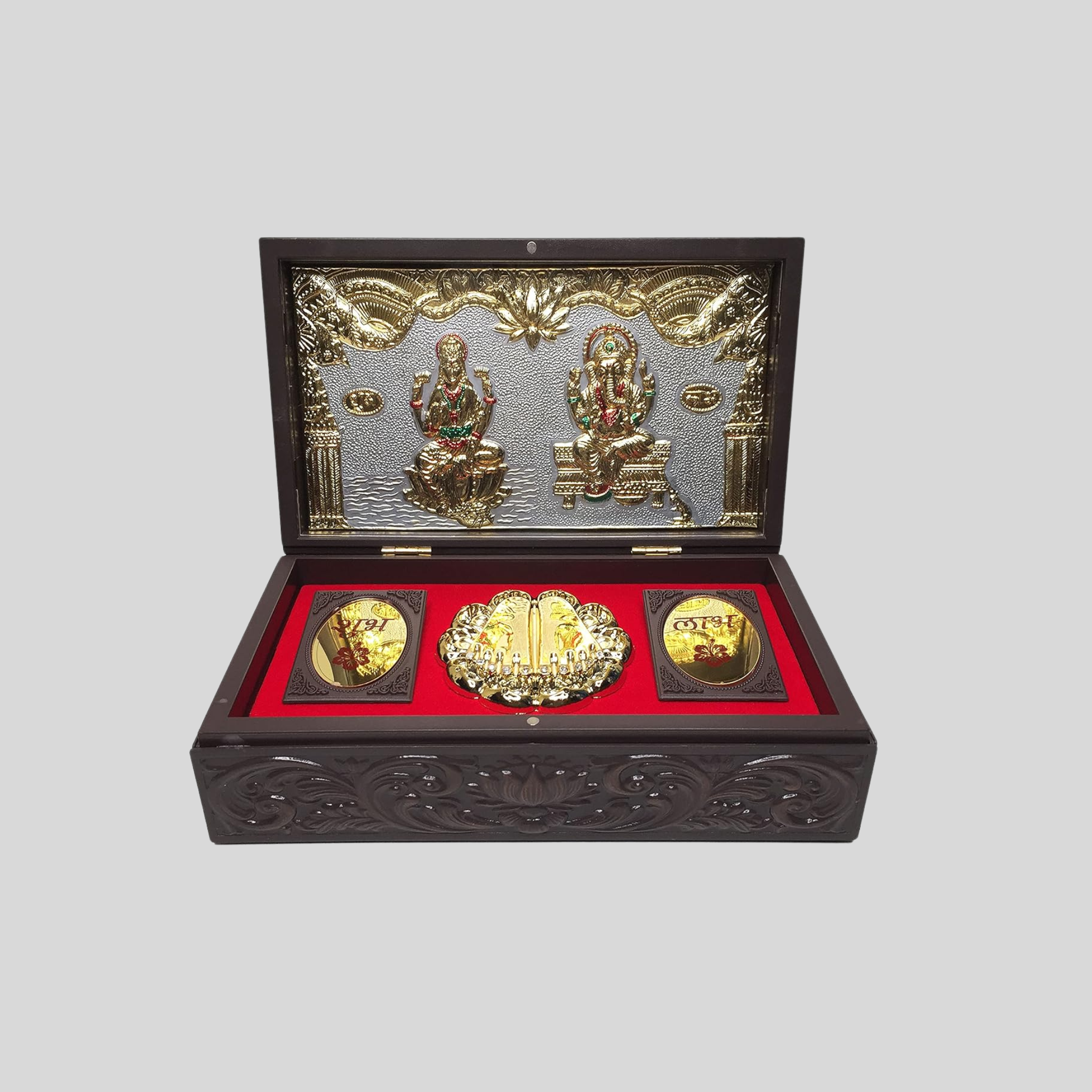 Gold Plated Laxmi Ganesha Figurine in Decorative Box with Chandan Fragrance