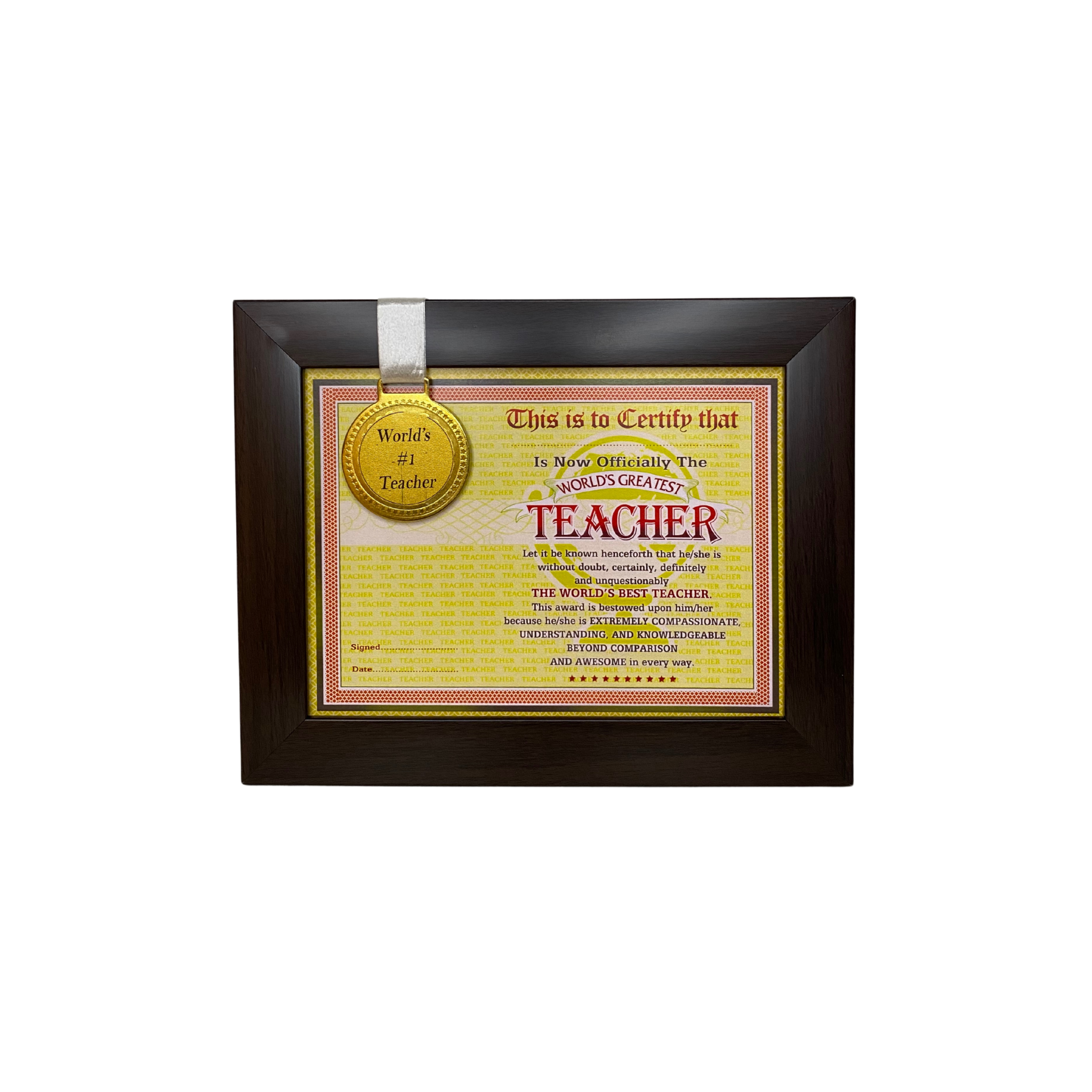 World's Best Teacher Framed Certificate with Gold Medal for Teacher - Gift for Teacher
