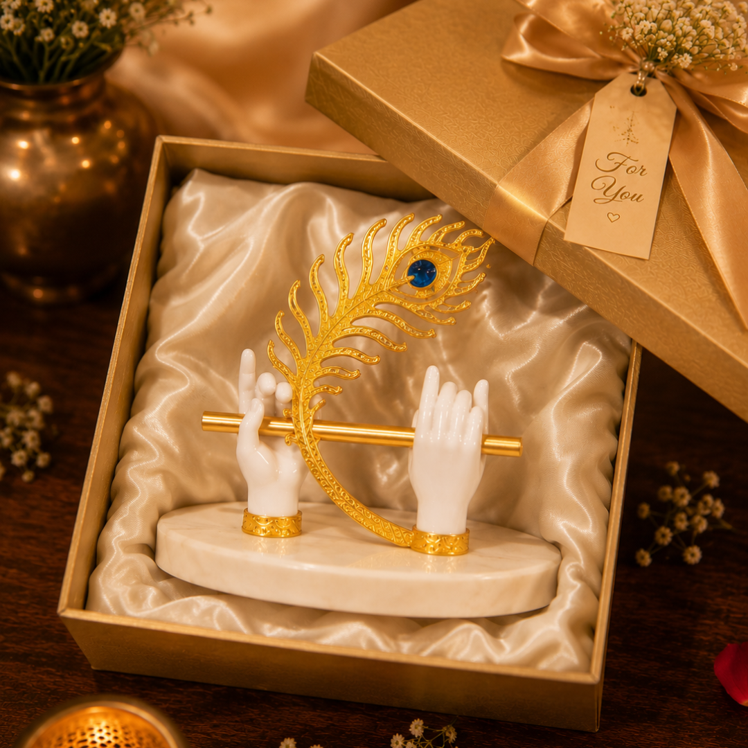 Krishna Murli Hands with Morpankh And stone base - Perfert For Car Dashboard, festival Gifitng , Diwali (Resin, White,Base- 4.5 inches, Height- 5 inches )