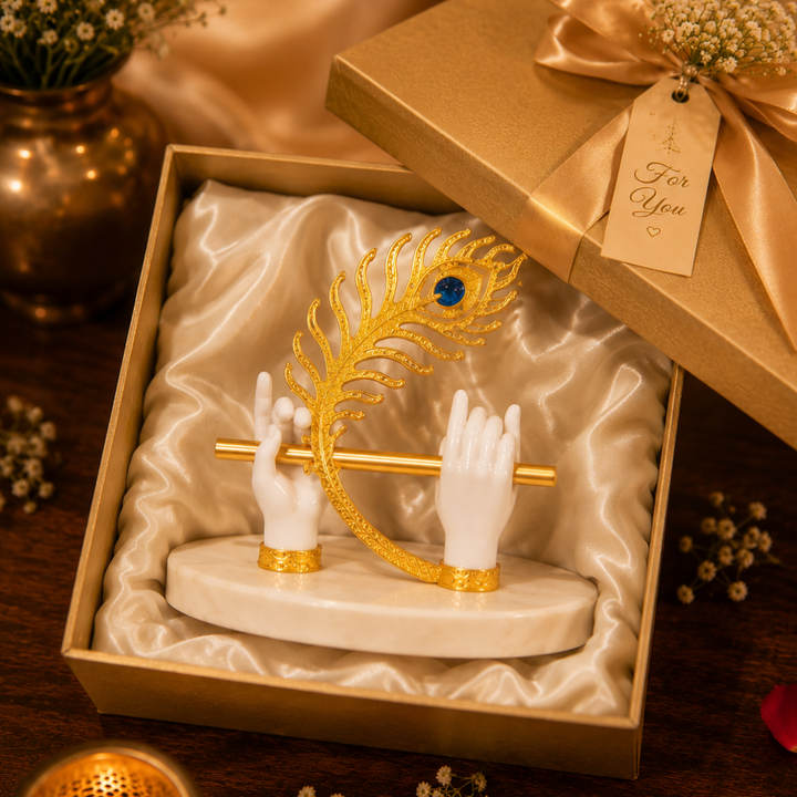Krishna Murli Hands with Morpankh And stone base - Perfert For Car Dashboard, festival Gifitng , Diwali (Resin, White,Base- 4.5 inches, Height- 5 inches )