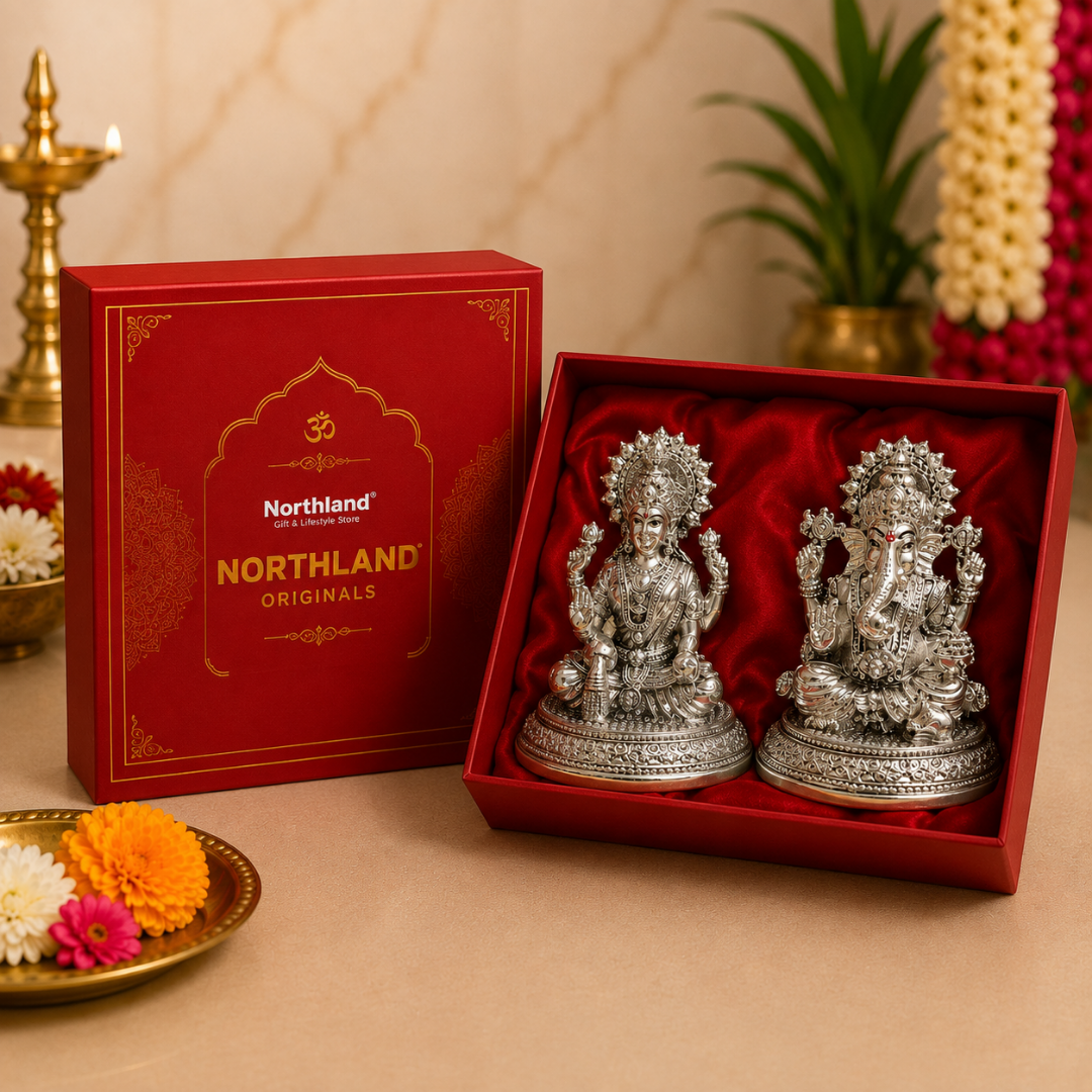 999 Silver Plated Lakshmi Ganesha Idol Set, 3 Inch  with Gift Box