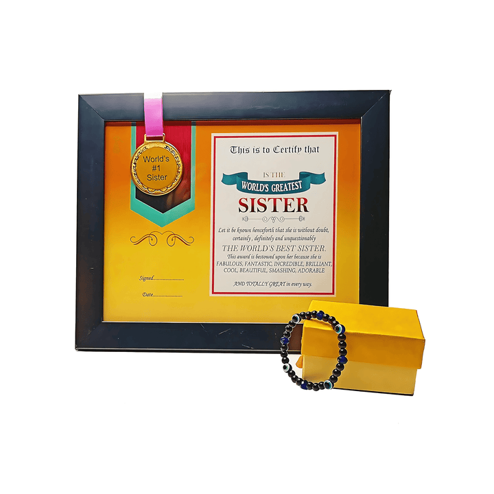 Evil Eye Bracelet, World's Best Sister Framed Certificate with Medal