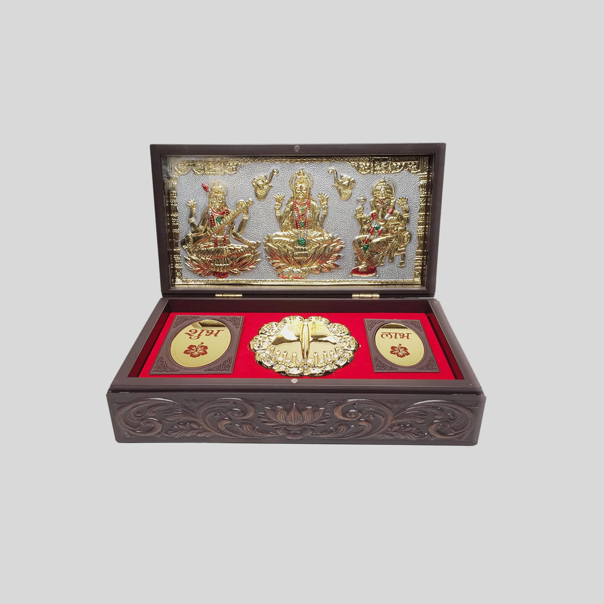 Gold Plated Laxmi Ganesha Saraswati Figurine in Decorative Box with Chandan Fragrance