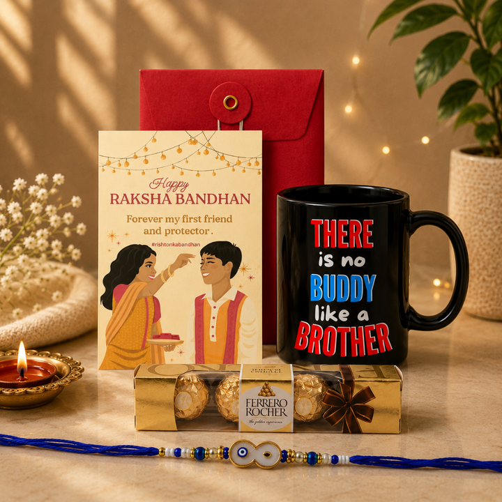 Evil Eye Gift Combo Set for Brother with Evil Eye Rakhi, Rakshabandhan Greeting Card, Coffee Mug Raksha Bandan Gifts Combo