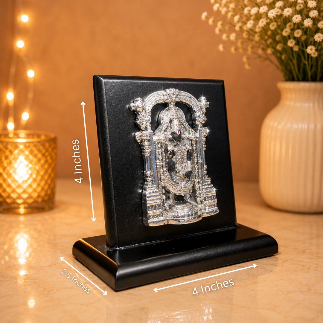 999 Silver Plated Tirupati Balaji Idol with MDF Base in Premium Gift Box ( 4 x 4 Inches)