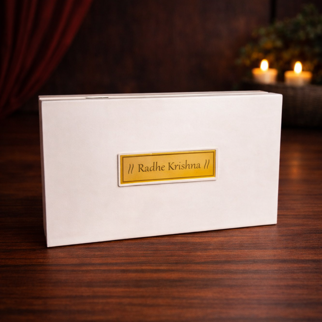 24 Karat Gold Coated Radha Krishna Idol in Charan Paduka Box with Chandan Fragrance