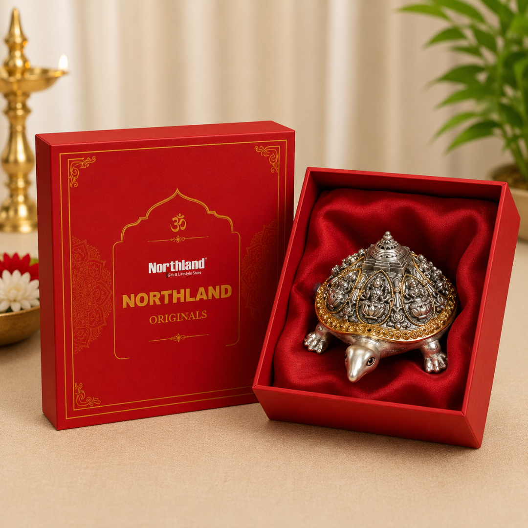 999 Silver Plated Ashta Lakshmi Tortoise Idol with Gold Border for Wealth & Prosperity Comes in Gift Box