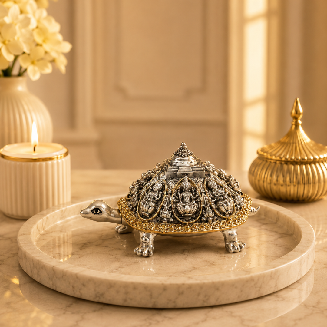 999 Silver Plated Ashta Lakshmi Tortoise Idol with Gold Border for Wealth & Prosperity Comes in Gift Box
