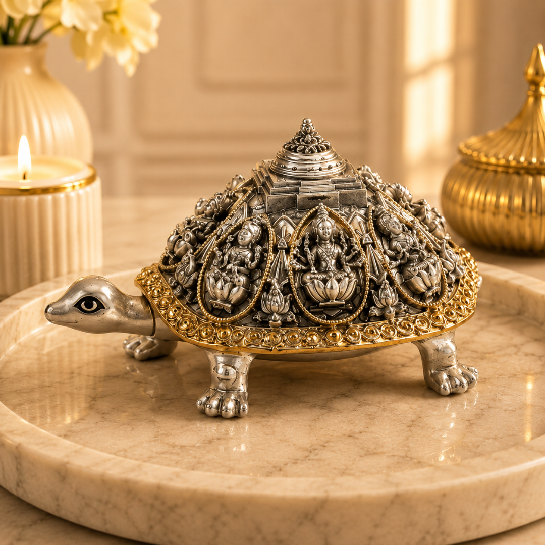 999 Silver Plated Ashta Lakshmi Tortoise Idol with Gold Border for Wealth & Prosperity Comes in Gift Box