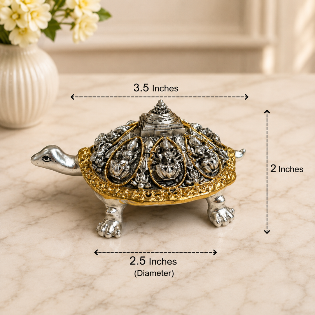 999 Silver Plated Ashta Lakshmi Tortoise Idol with Gold Border for Wealth & Prosperity Comes in Gift Box
