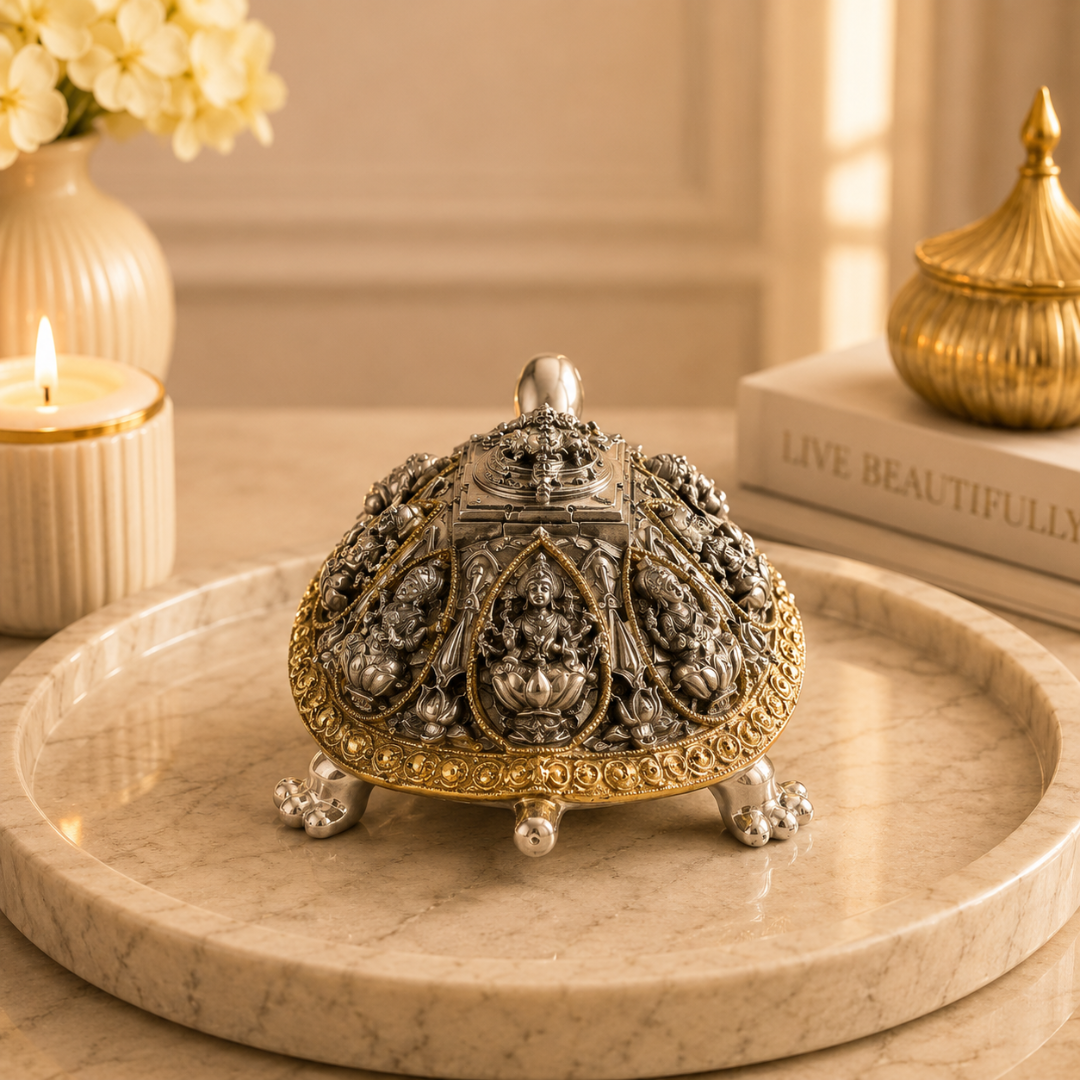 999 Silver Plated Ashta Lakshmi Tortoise Idol with Gold Border for Wealth & Prosperity Comes in Gift Box