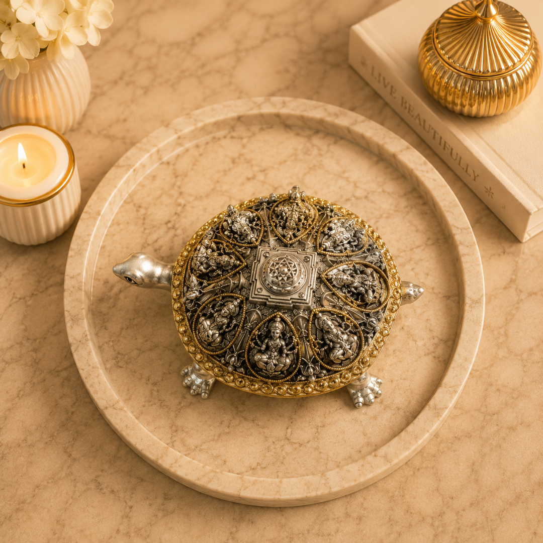 999 Silver Plated Ashta Lakshmi Tortoise Idol with Gold Border for Wealth & Prosperity Comes in Gift Box