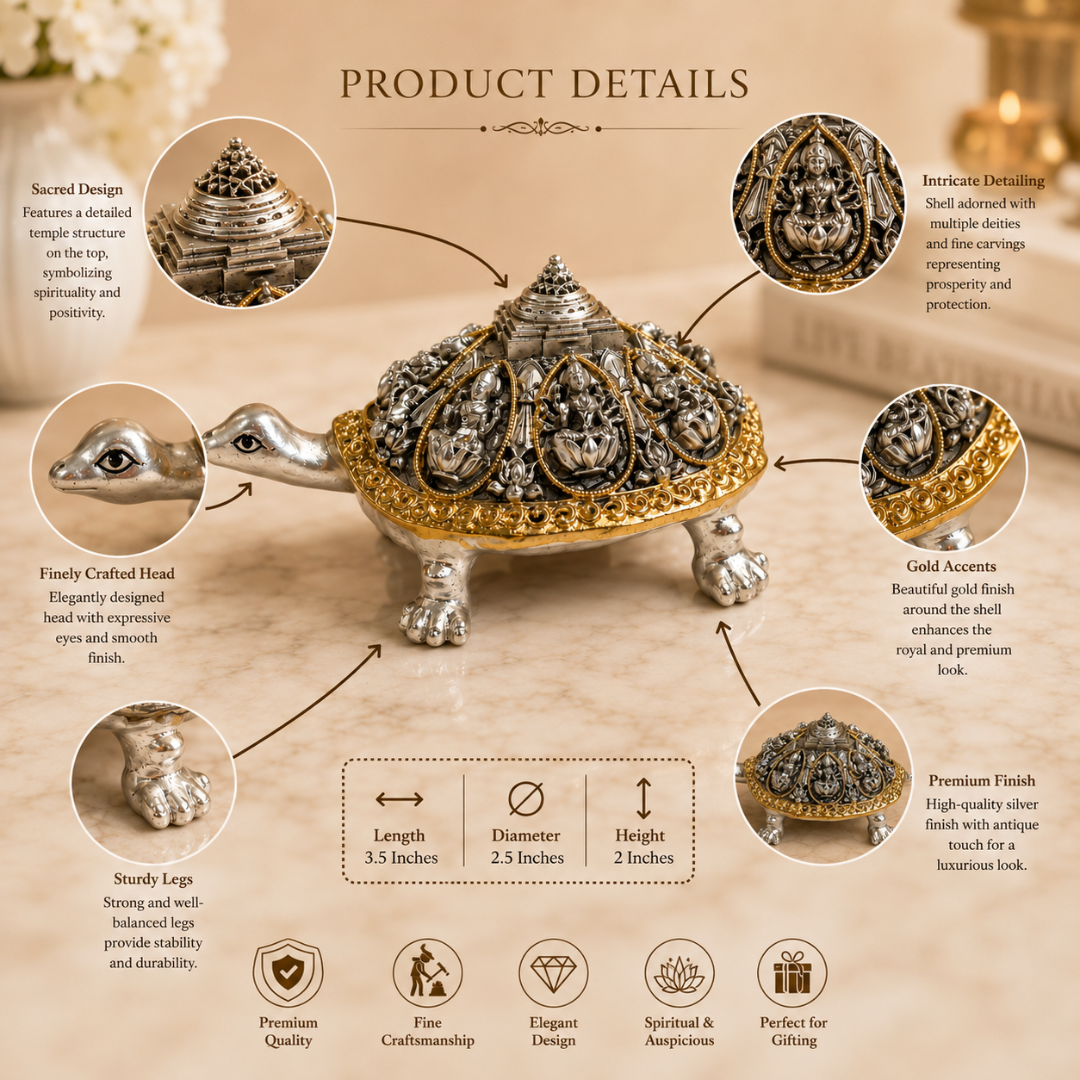 999 Silver Plated Ashta Lakshmi Tortoise Idol with Gold Border for Wealth & Prosperity Comes in Gift Box