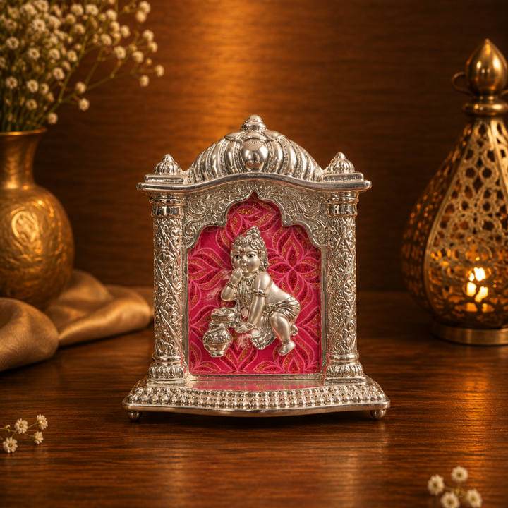 Silver Plated Bal Gopal Photo Frame Style Idol for Car Dashboard | Decorative Spiritual Showpiece for Home, Office & Diwali Gift | Pure Silver Plating, Base 4 Inches, Height 5 Inches