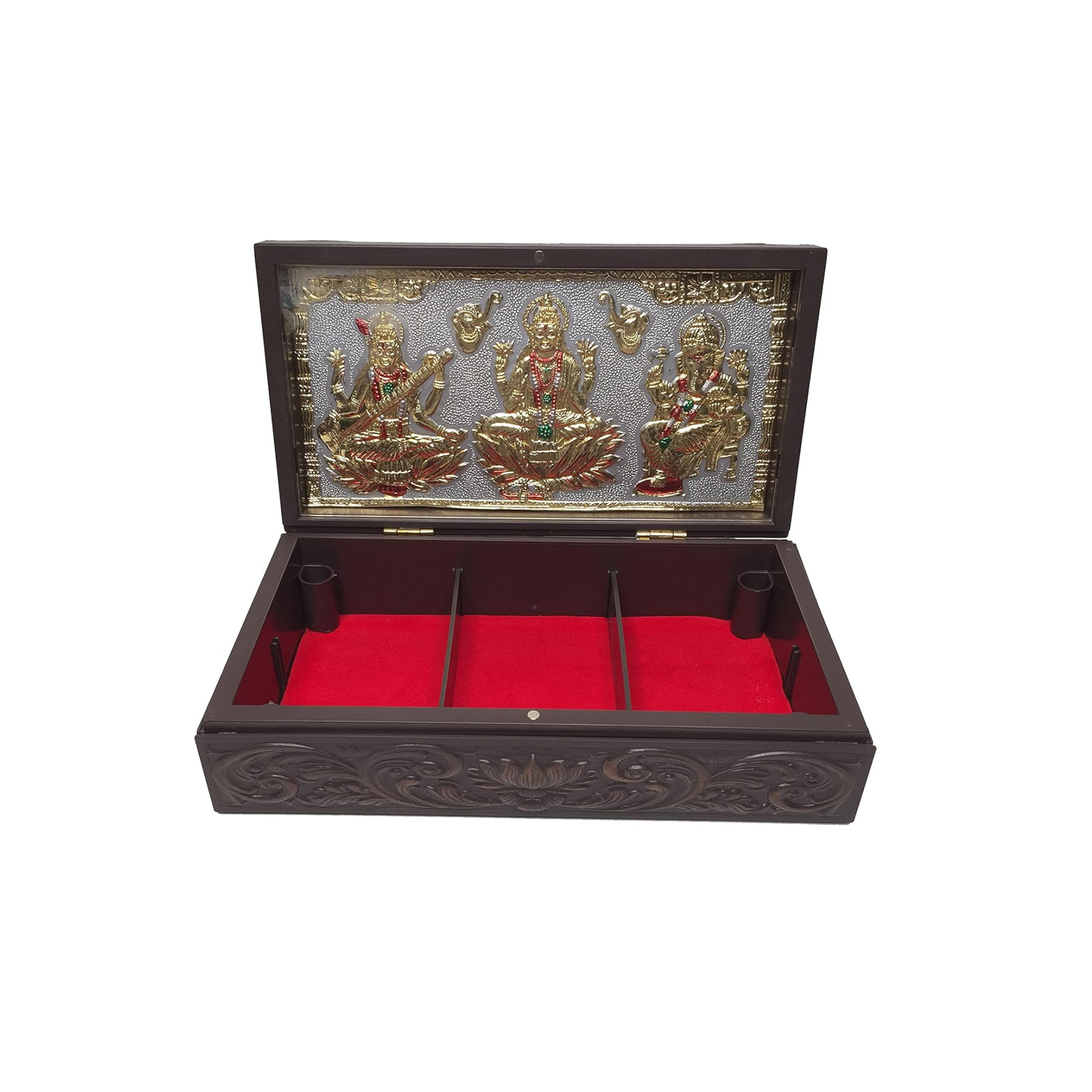 Gold Plated Laxmi Ganesha Saraswati Figurine in Decorative Box with Chandan Fragrance