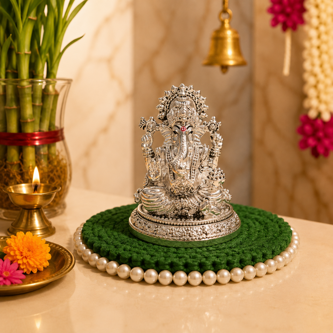 999 Silver Plated Lakshmi Ganesha Idol Set, 3 Inch  with Gift Box