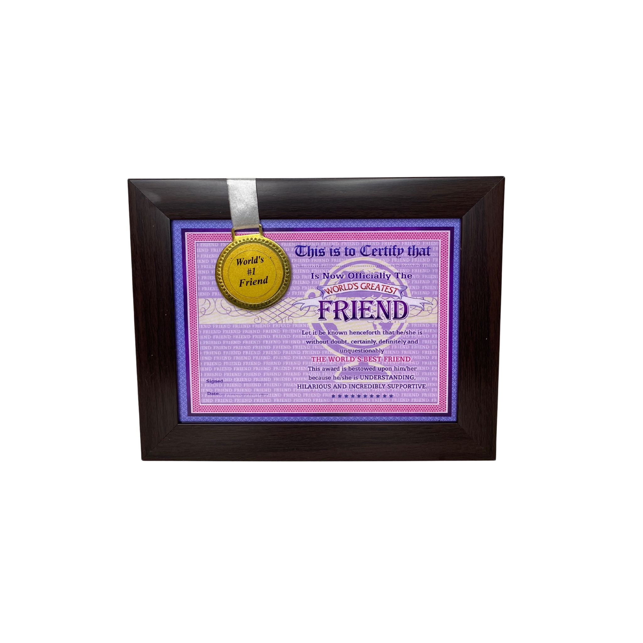 The World's Best Friend Framed Certificate with World's #1 Friend Gold Medal- Unique Gifts for Friend