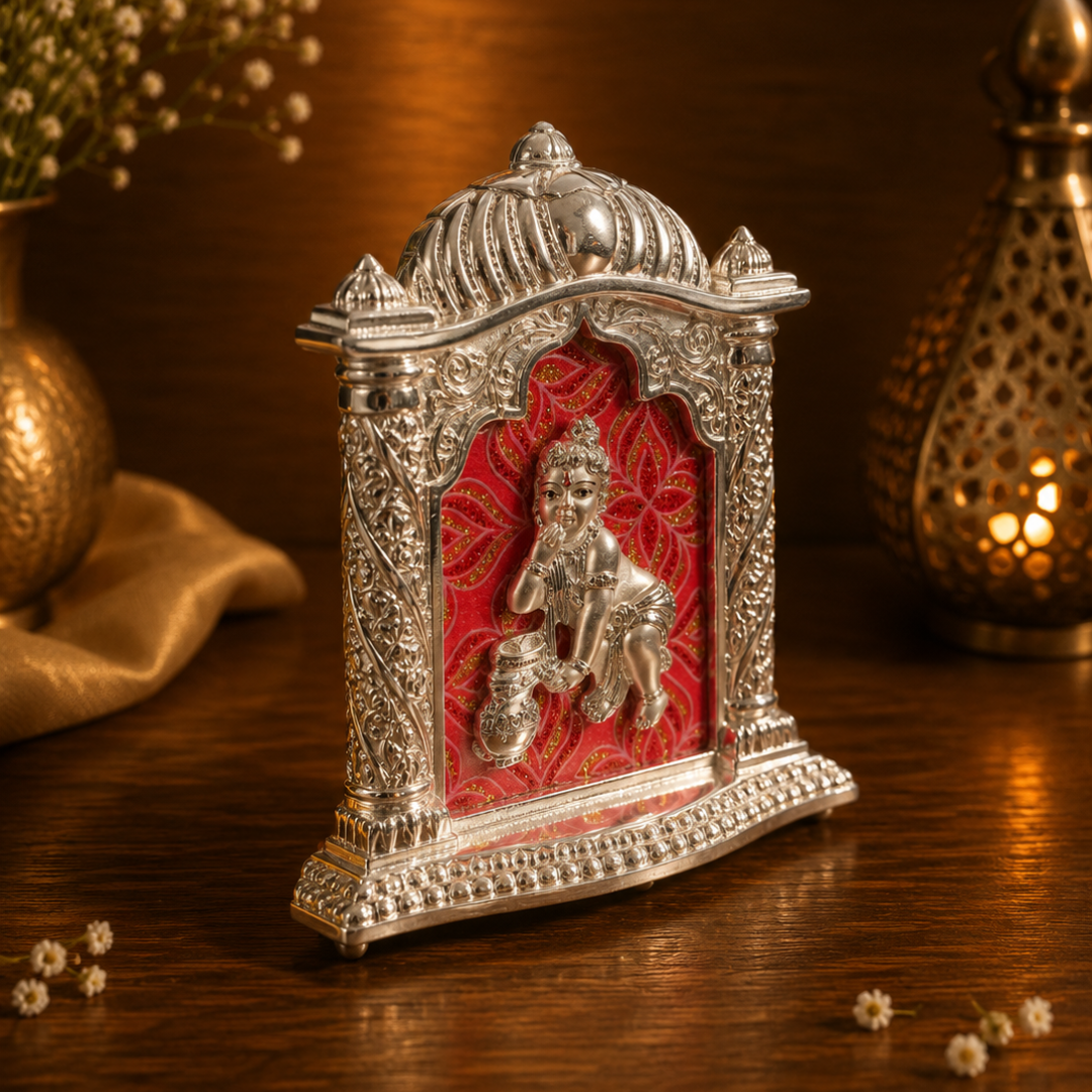 Silver Plated Bal Gopal Photo Frame Style Idol for Car Dashboard | Decorative Spiritual Showpiece for Home, Office & Diwali Gift | Pure Silver Plating, Base 4 Inches, Height 5 Inches